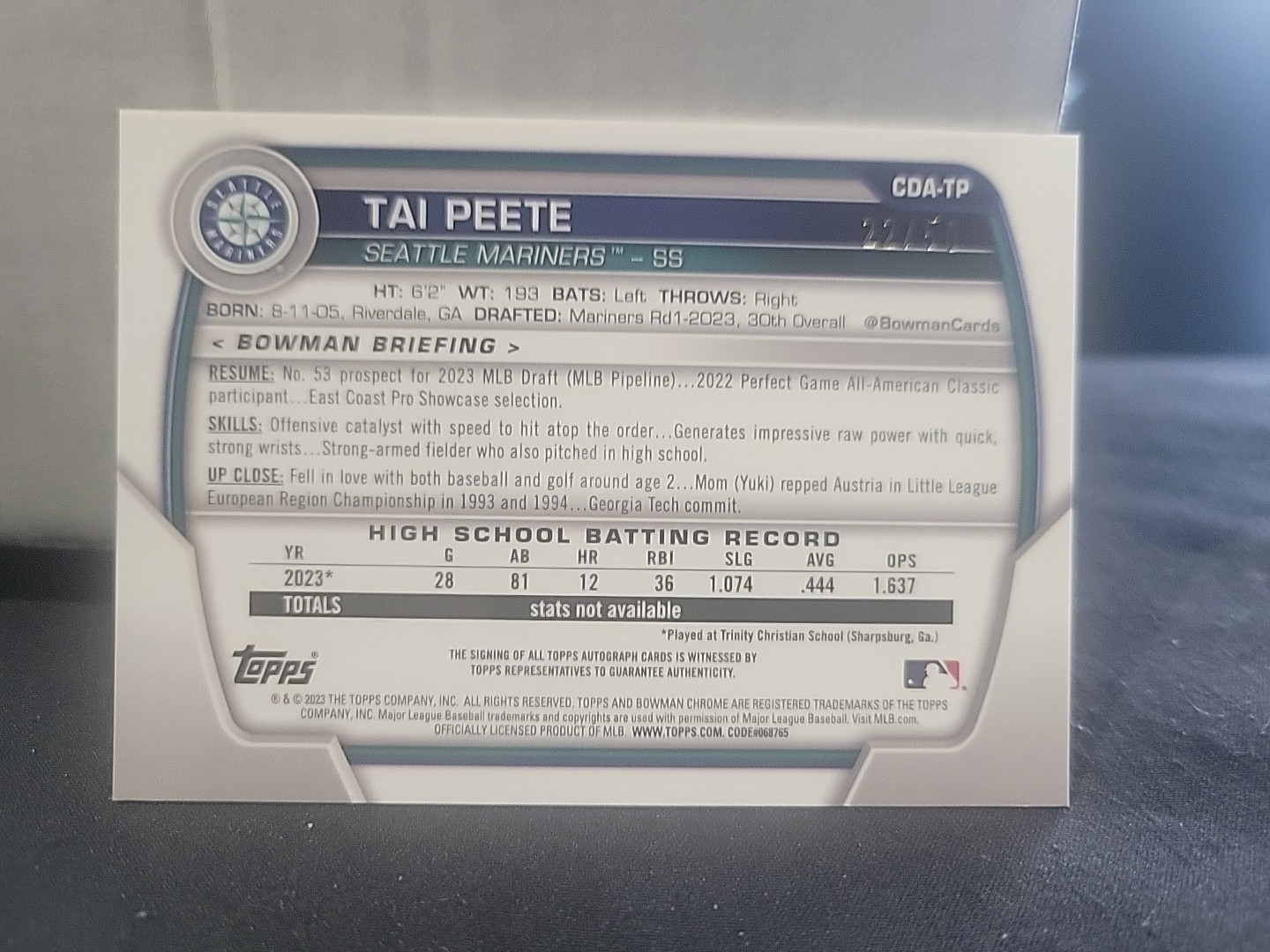 🐦‍🔥 2023 Bowman Draft Chrome Prospect Auto Tai Peete #CDA-TP Gold Wave #22/50