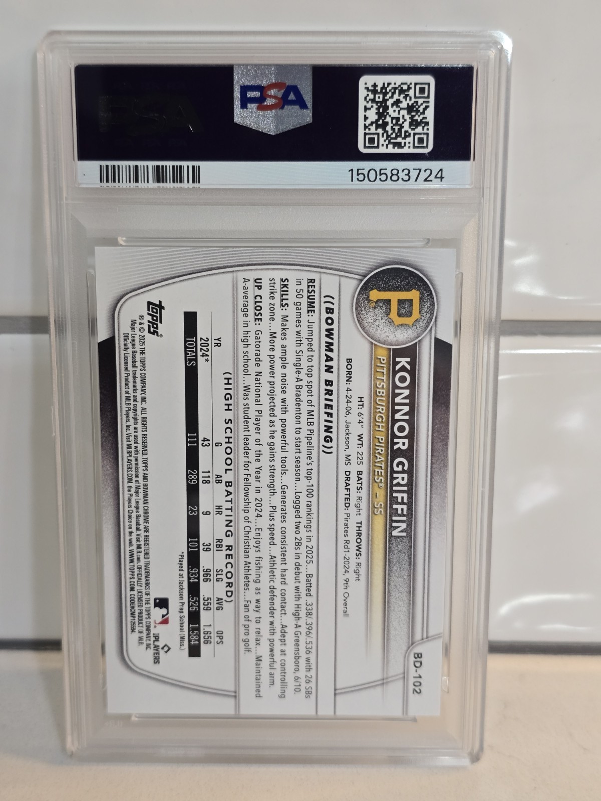 2025 Bowman Draft Konnor Griffin #BD-102 Paper PSA 10 GEM MT Pirates Prospect