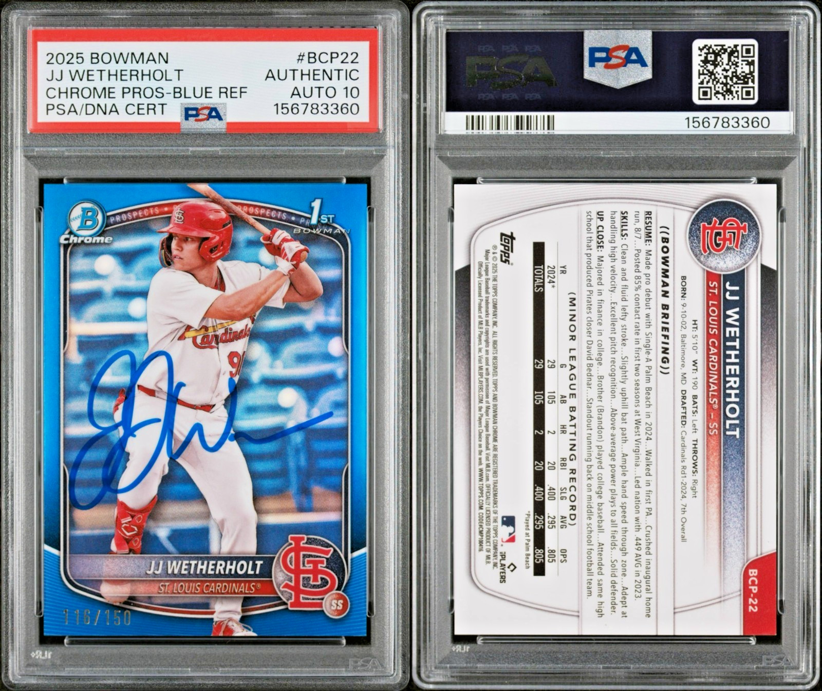 JJ Wetherholt Signed 2025 1st Bowman True Blue Refractor /150 PSA Auto Gem 10