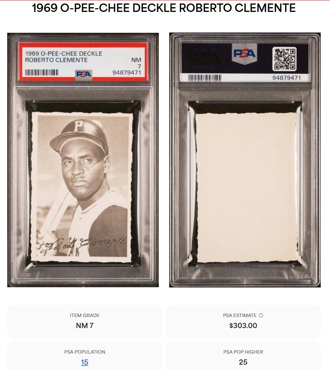 Roberto Clemente 1969 O-Pee-Chee OPC Deckle Edge HOF *RARE* Only 15 PSA 7 NM