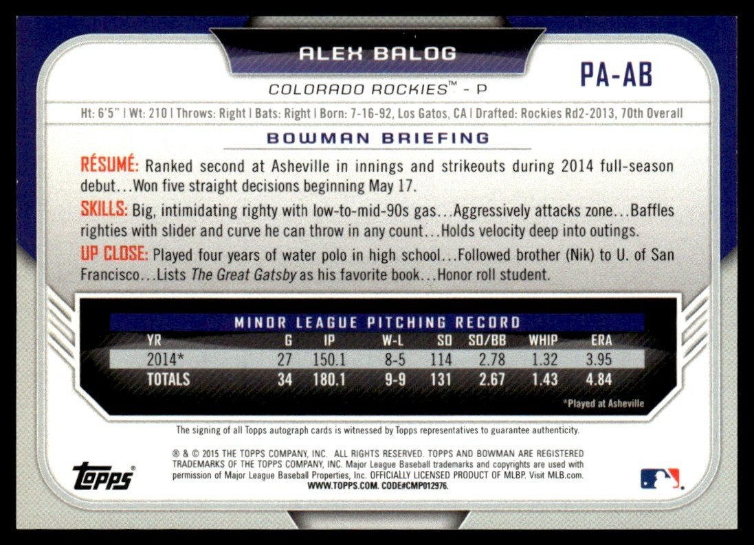 2015 Bowman Prospects Autographs ALEX BALOG #PA-AB Colorado Rockies