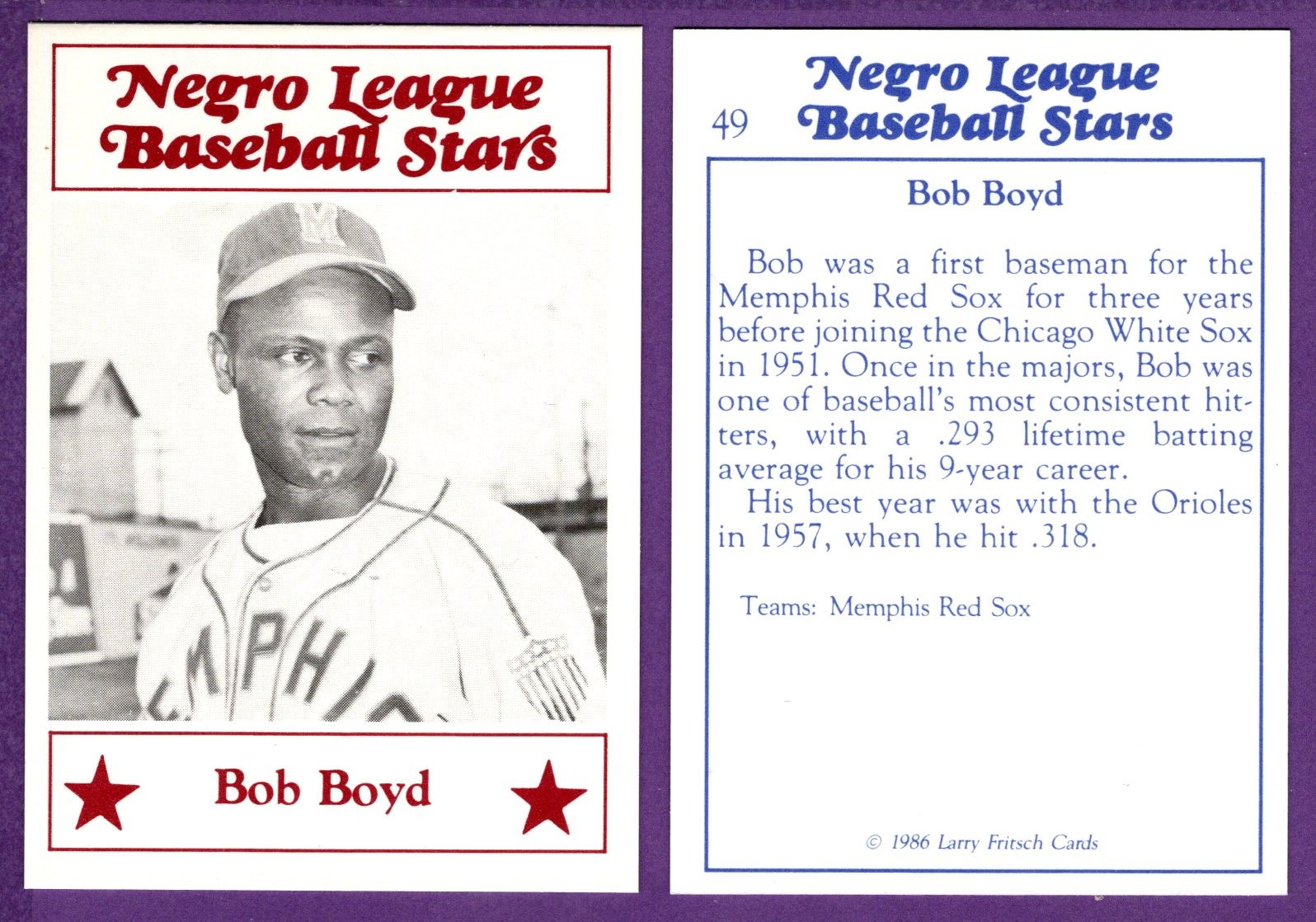 Bob Boyd Memphis Red Sox 1986 Larry Fritsch Negro League Baseball Stars #49