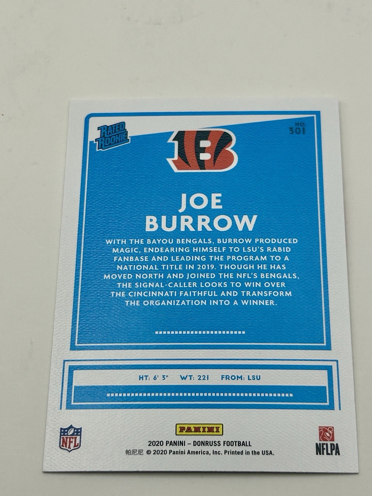 2020 Panini Donruss Rated Rookie Joe Burrow #301 Canvas (RC) Cincinnati Bengals