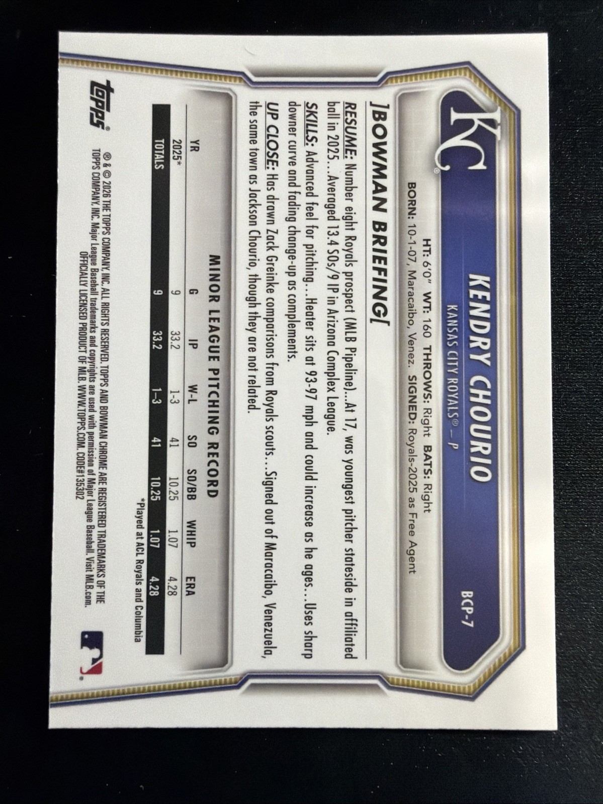 2026 Bowman Chrome Kendry Chourio 1st Bowman Lava Refractor /399 #BCP-7