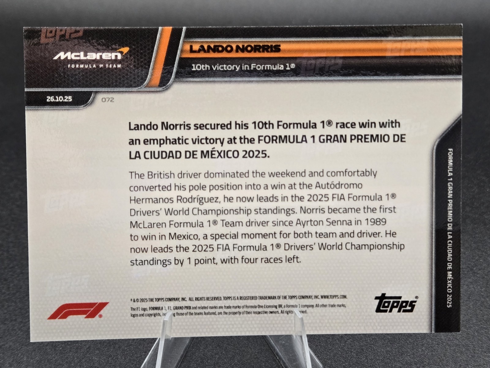 Lando Norris 10th Victory in Formula 1 2025 Topps Now Formula 1 #72 *PRESALE*