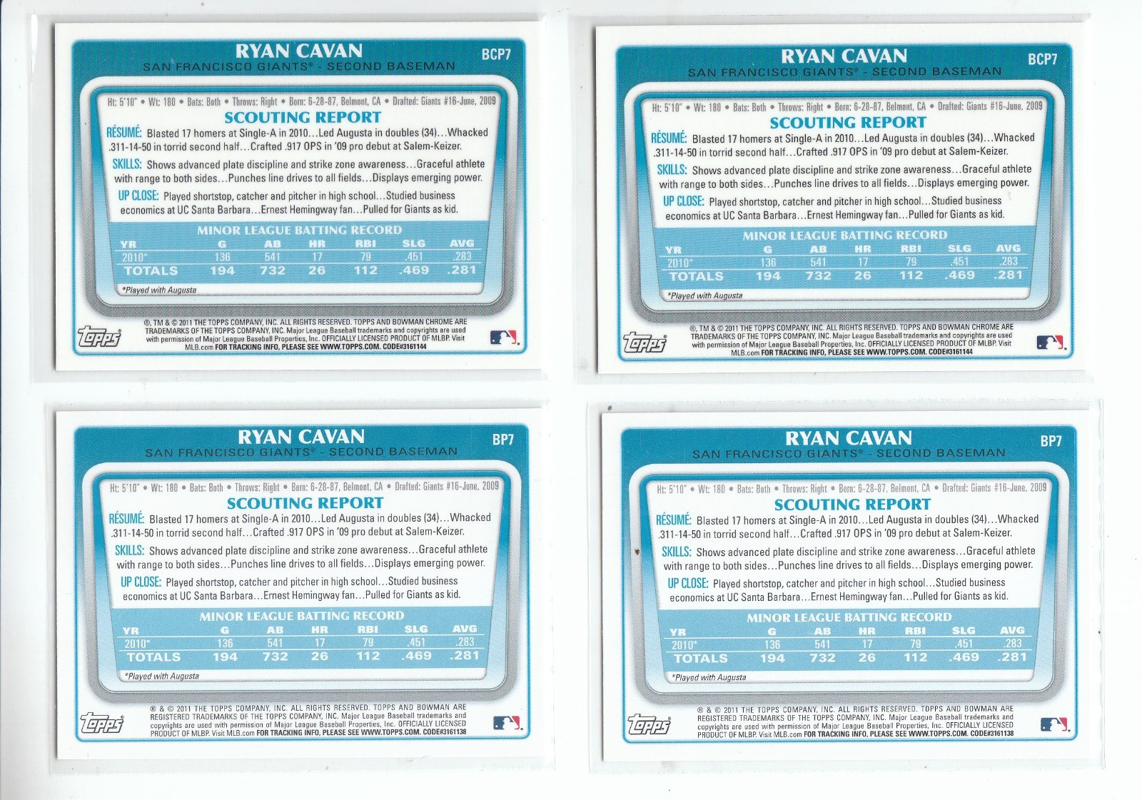 2011 Bowman Ryan Cavan #BP7 & BCP7 (2 Standard & 2 Chrome) [4-Card Lot] NM/MT
