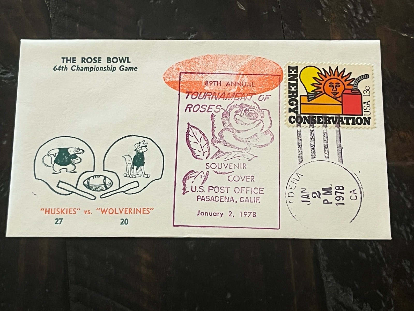 Jan. 2, 1978 Rose Bowl Football Postal Cover, Huskies vs. Wolverines