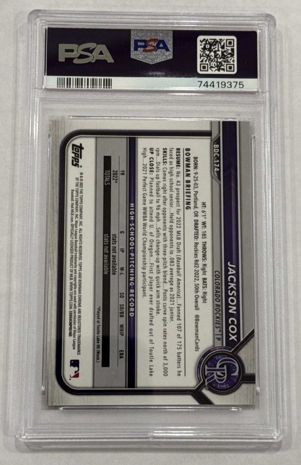 2022 Bowman Draft Sapphire Jackson Cox Orange /25 PSA 10 GEM MT