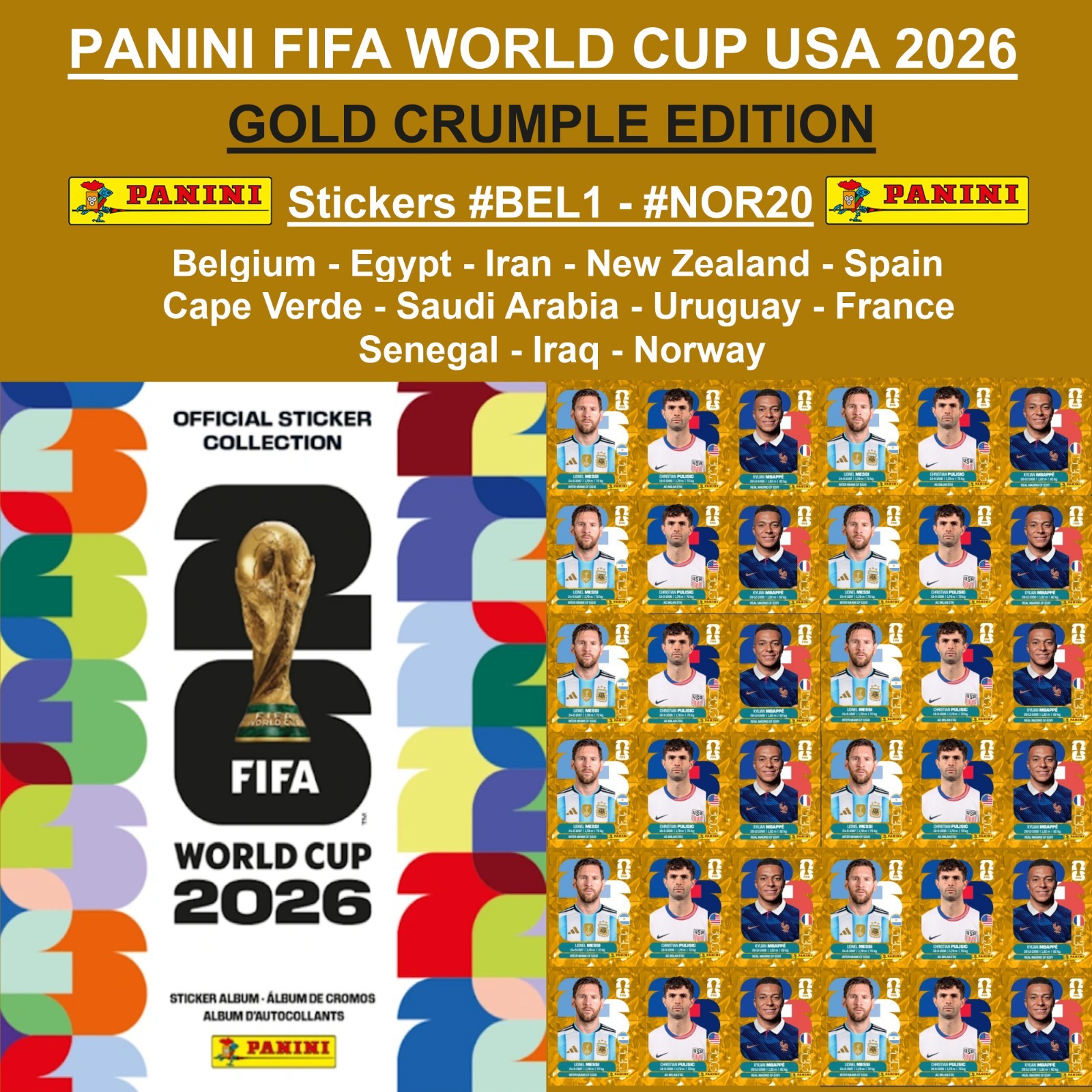 GOLD CRUMPLE EDITION 2026 Panini FIFA World Cup Stickers #BEL1 – #NOR20