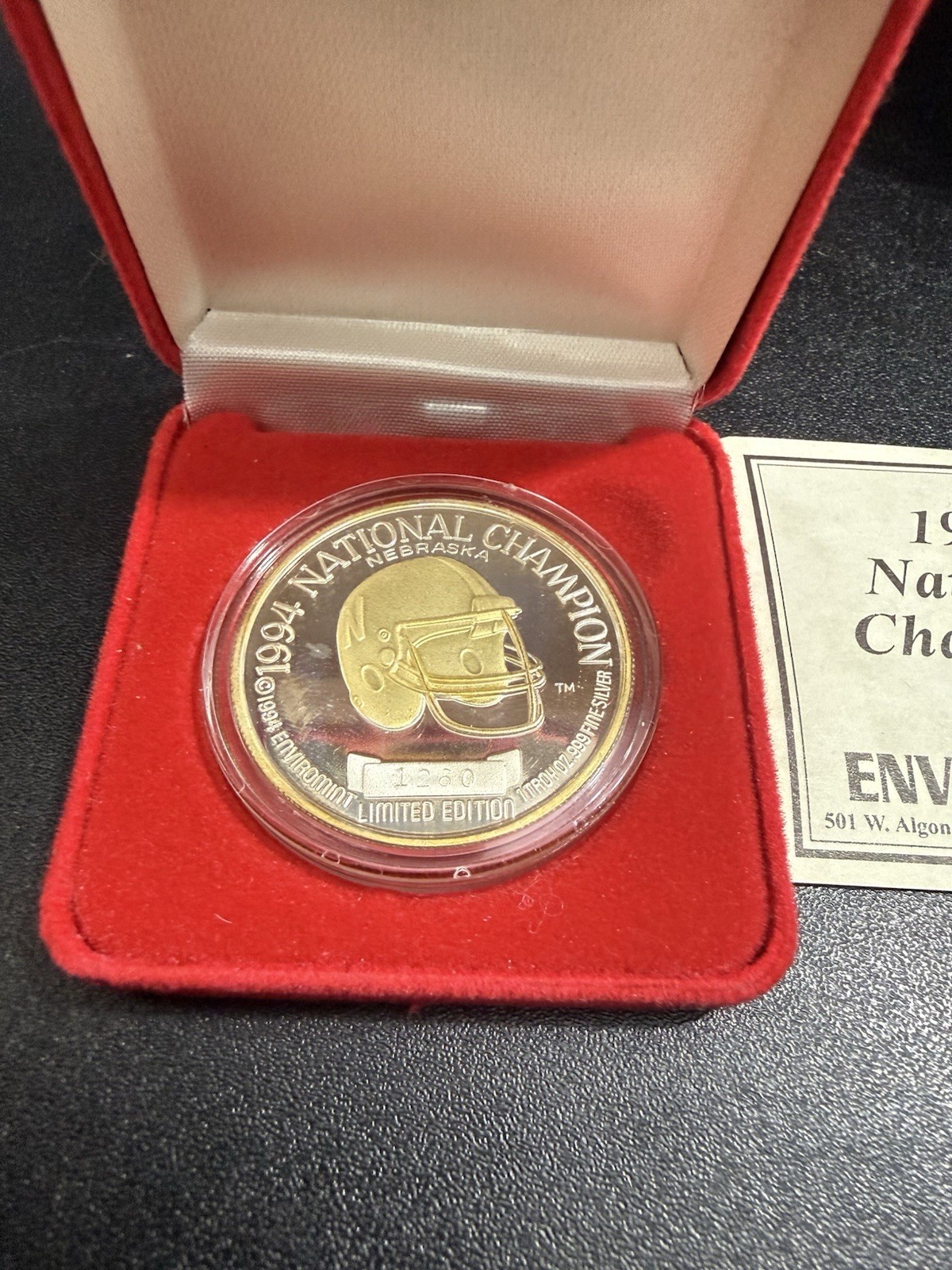 1994 Nebraska Cornhuskers National Champion .999 Silver/Gold Medallion COA