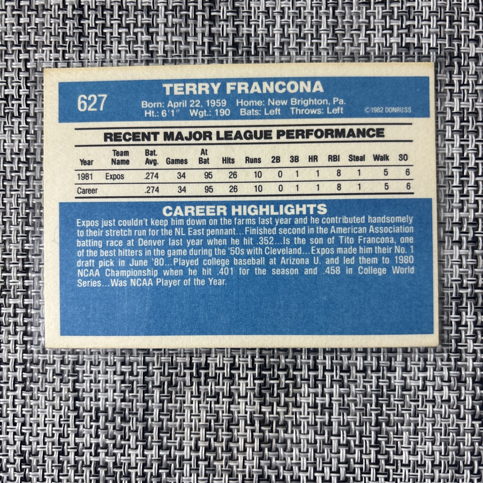 Terry Francona #627 1982 Donruss Montreal Expos