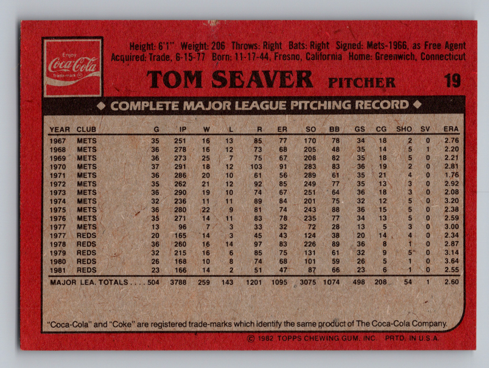 1982 TOPPS COCA-COLA TEAM SETS #19 TOM SEAVER CINCINNATI REDS