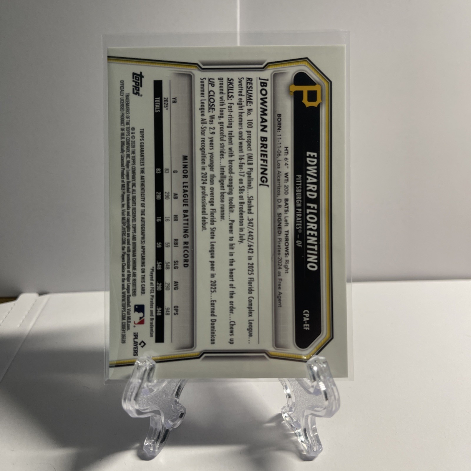 2026 Bowman Chrome Edward Florentino Pirates 1st Bowman Sparkle Auto /299 CPA-EF