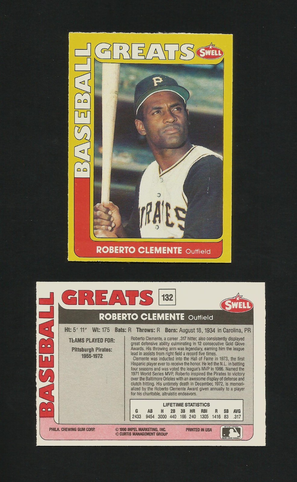 Roberto Clemente Pittsburgh Pirates Vintage 1990 Swell Greats Baseball Card