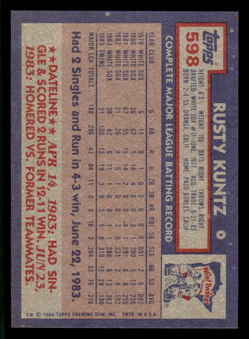 1984 Topps #598 Rusty Kuntz Minnesota Twins