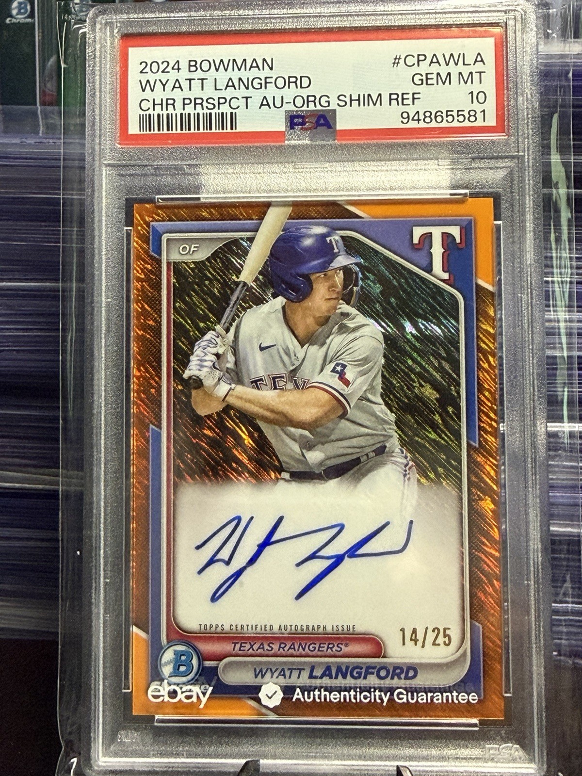 2024 Bowman Wyatt Langford /25 Auto Orange Shimmer PSA 10 Rangers