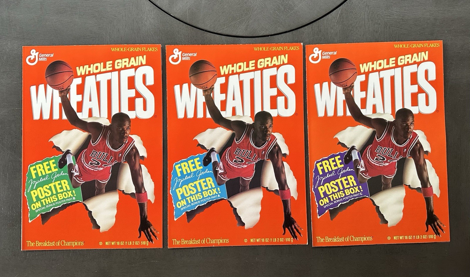 1989 Michael Jordan Chicago Bulls Wheaties Three Make One Poster Set 16 x 24