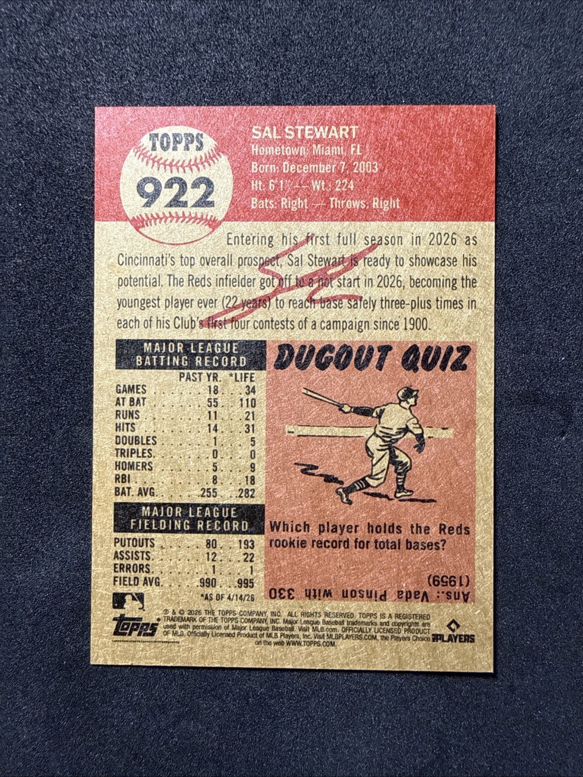 2026 TOPPS LIVING SET #922 SAL STEWART (RC) – CINCINNATI REDS