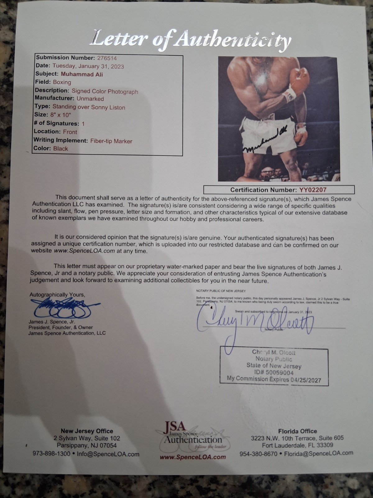 MUHAMMAD ALI Autographed 8X10 Color Photo JSA LOA Sonny Liston