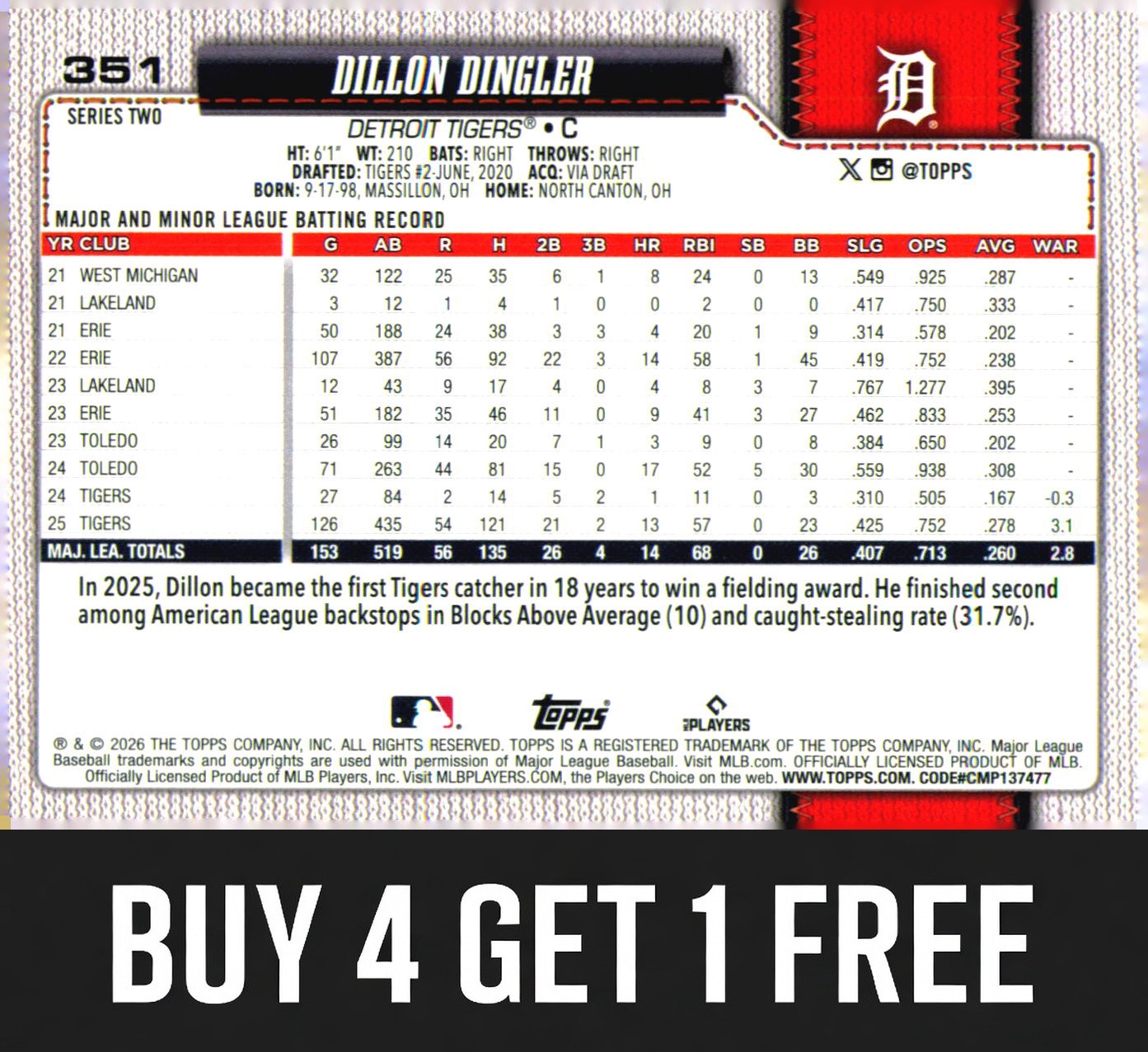 Dillon Dingler 2026 Topps #351 Detroit Tigers