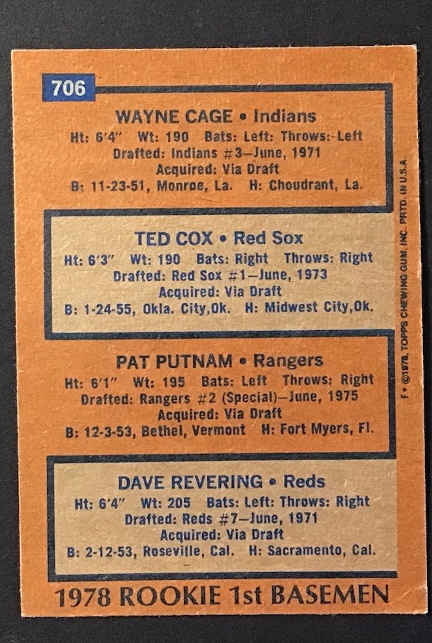 1978 Topps #706 Rookie First Basemen Cage/ Cox/Putnam/ Revering FREE SHIPPING