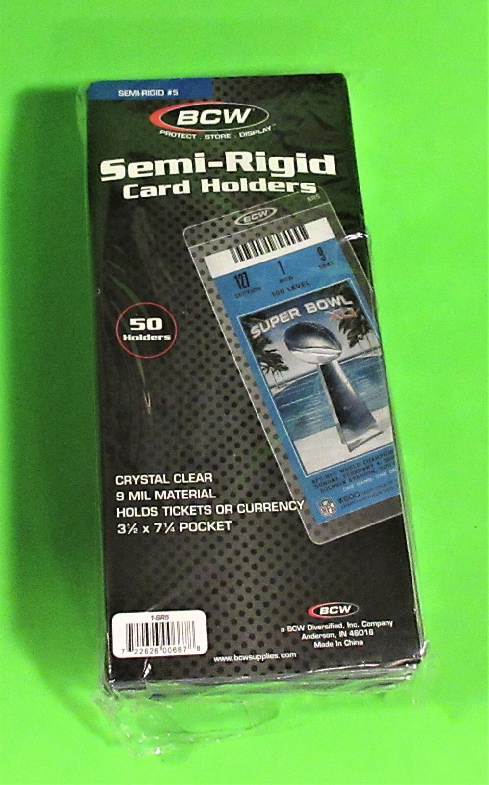 50 SEMI-RIGID CARD HOLDER SR5, FOR TICKETS OR CURRENCY,9 MIL, 3-3/8 x 7 POCKET