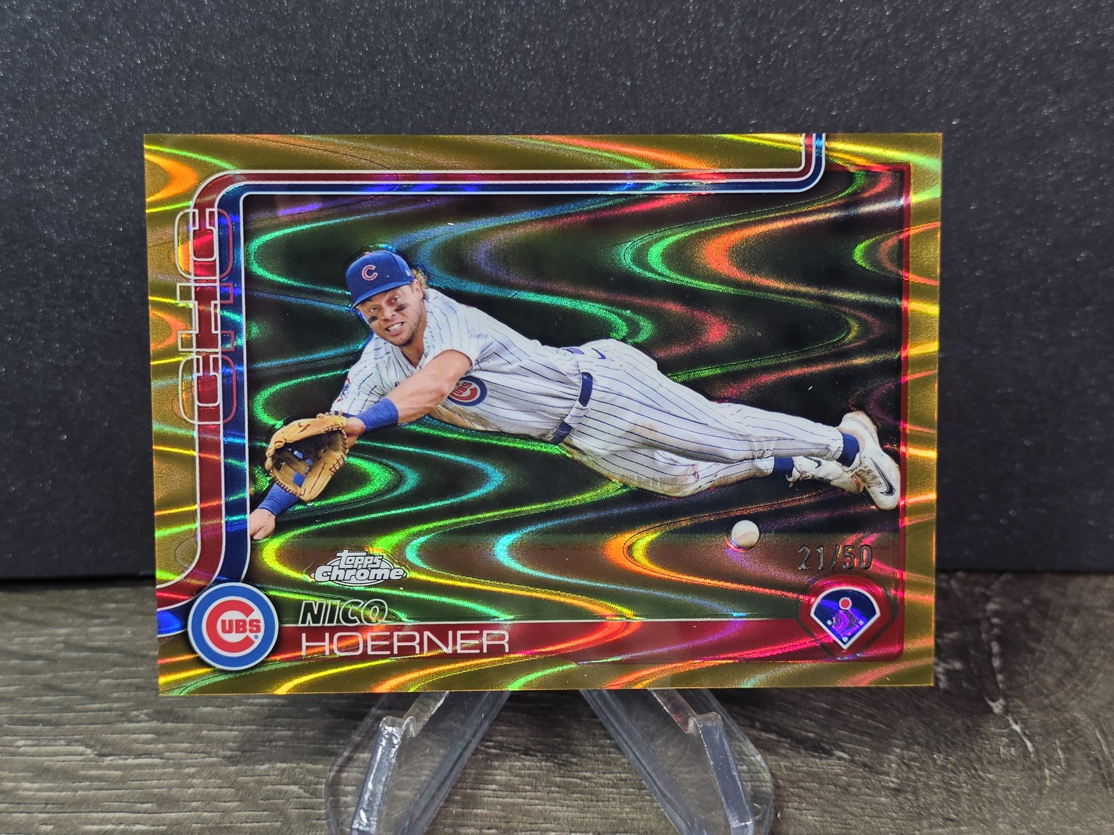 2025 Topps Chrome #107 Nico Hoerner Gold RayWave Refractors #/50 Cubs