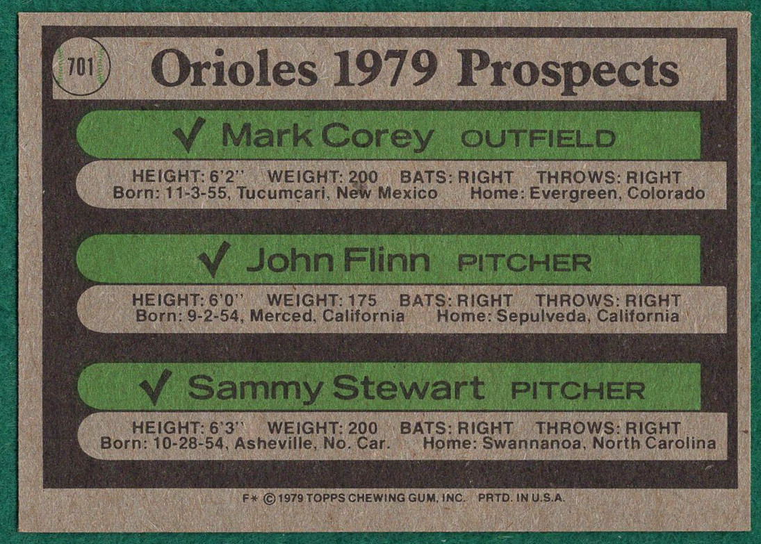Corey/Flinn/Stewart – 1979 Topps #701 – Baltimore Orioles Prospects Baseball