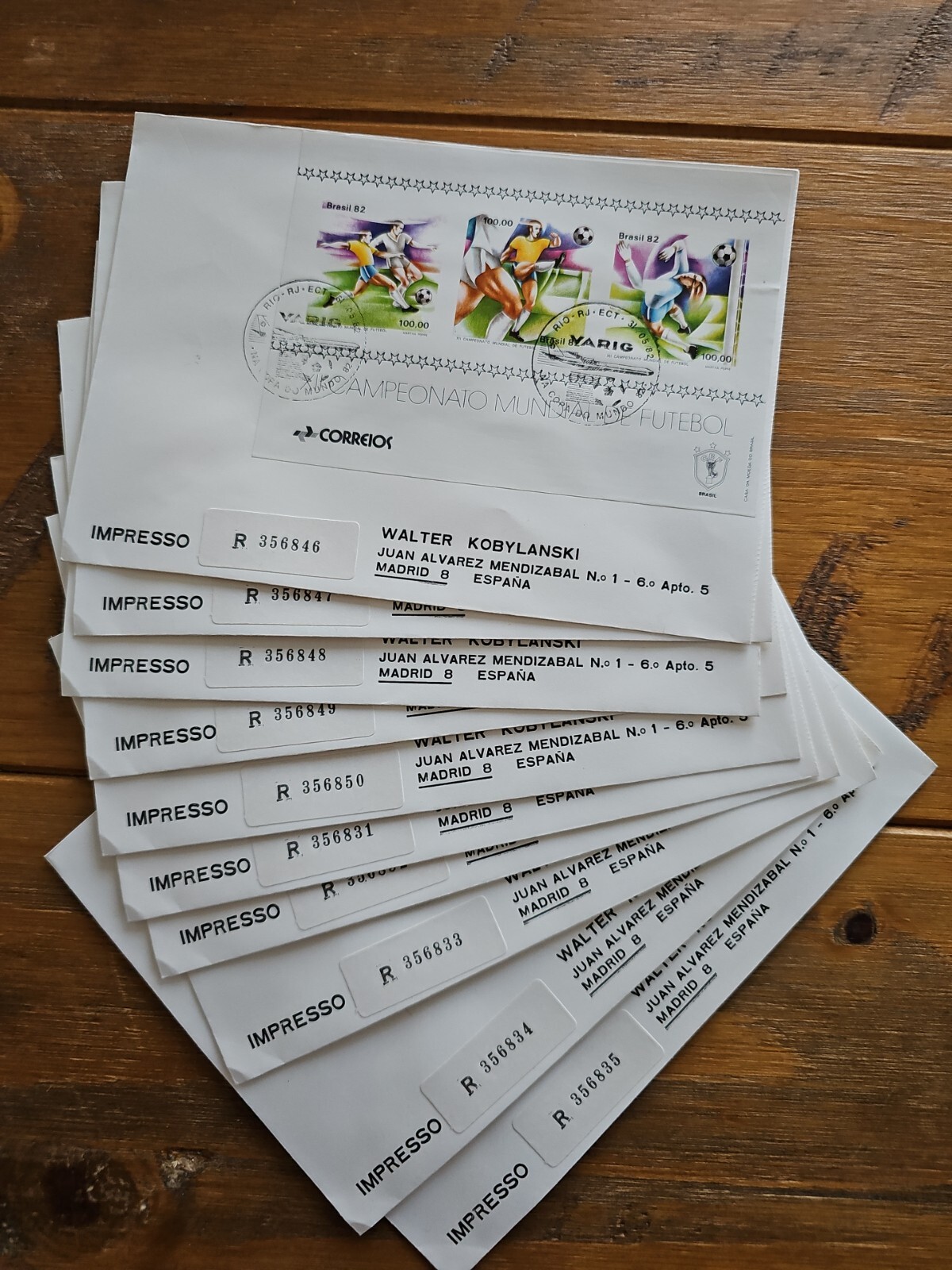 10 x 1982 World Cup postal cover. Registered postal cover issued by Brazil