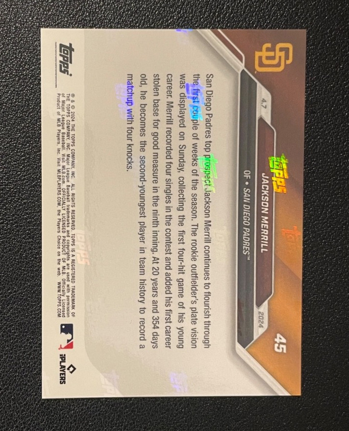 2024 Topps Now Jackson Merrill RC #45 Eclipse 4 Hit Game Print Run 467 Padres
