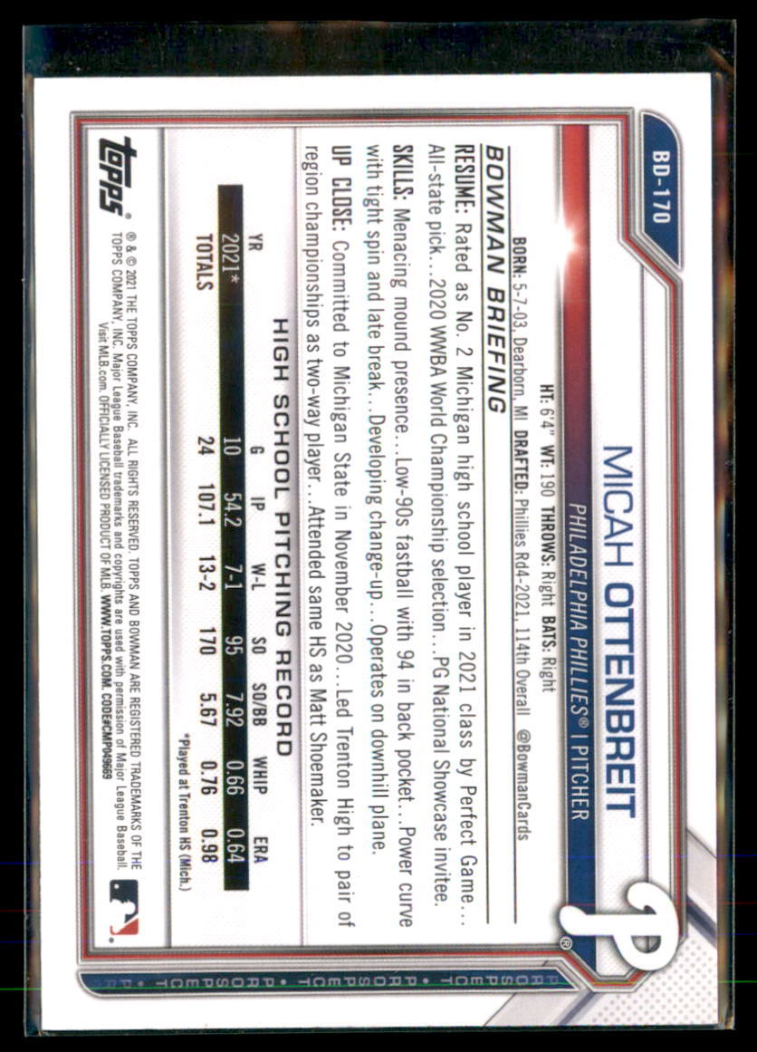 2021 Bowman Draft Paper Micah Ottenbreit #BD-170 5 Card Lot