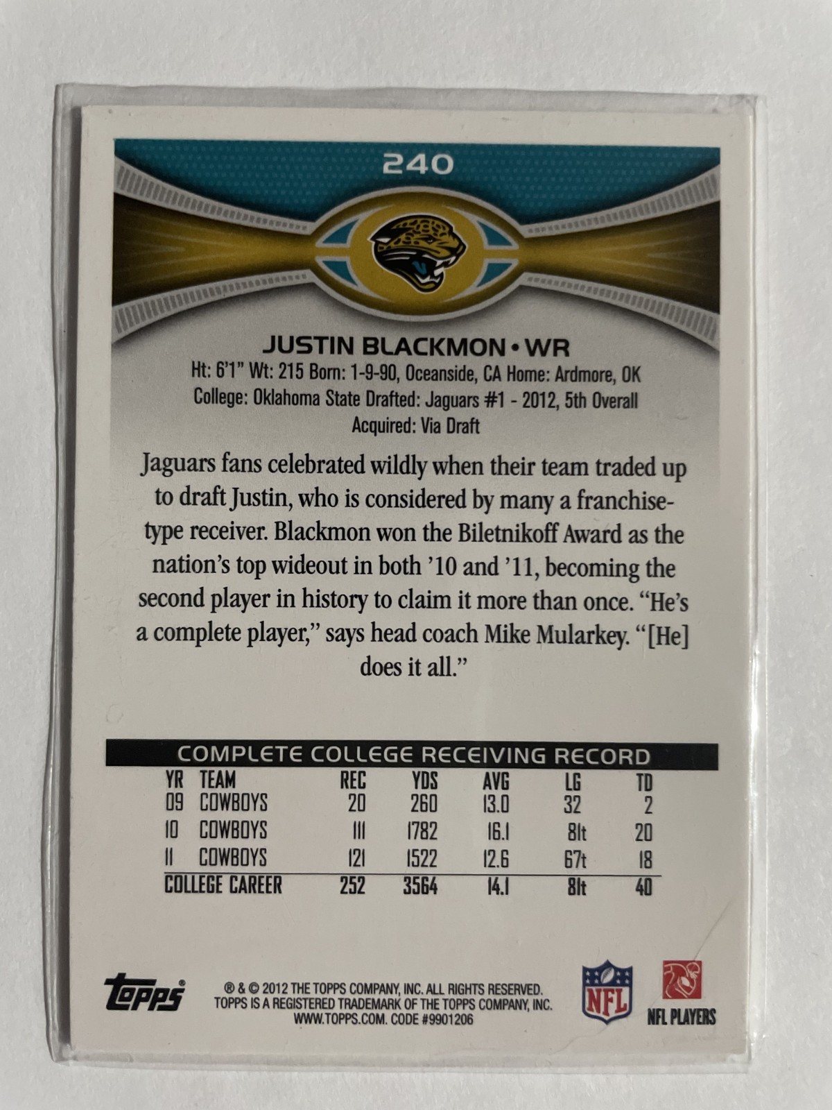 2012 Topps – Image Variation Justin Blackmon #240 Close-Up (RC)
