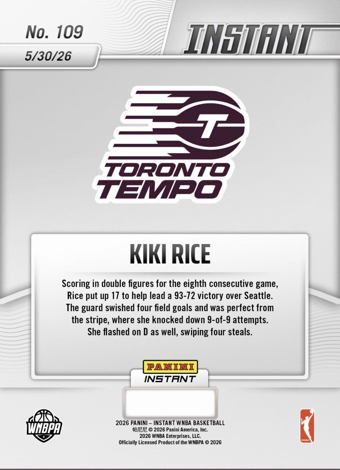 2026 Panini Instant WNBA #109 Kiki Rice Toronto Tempo RC PRESALE