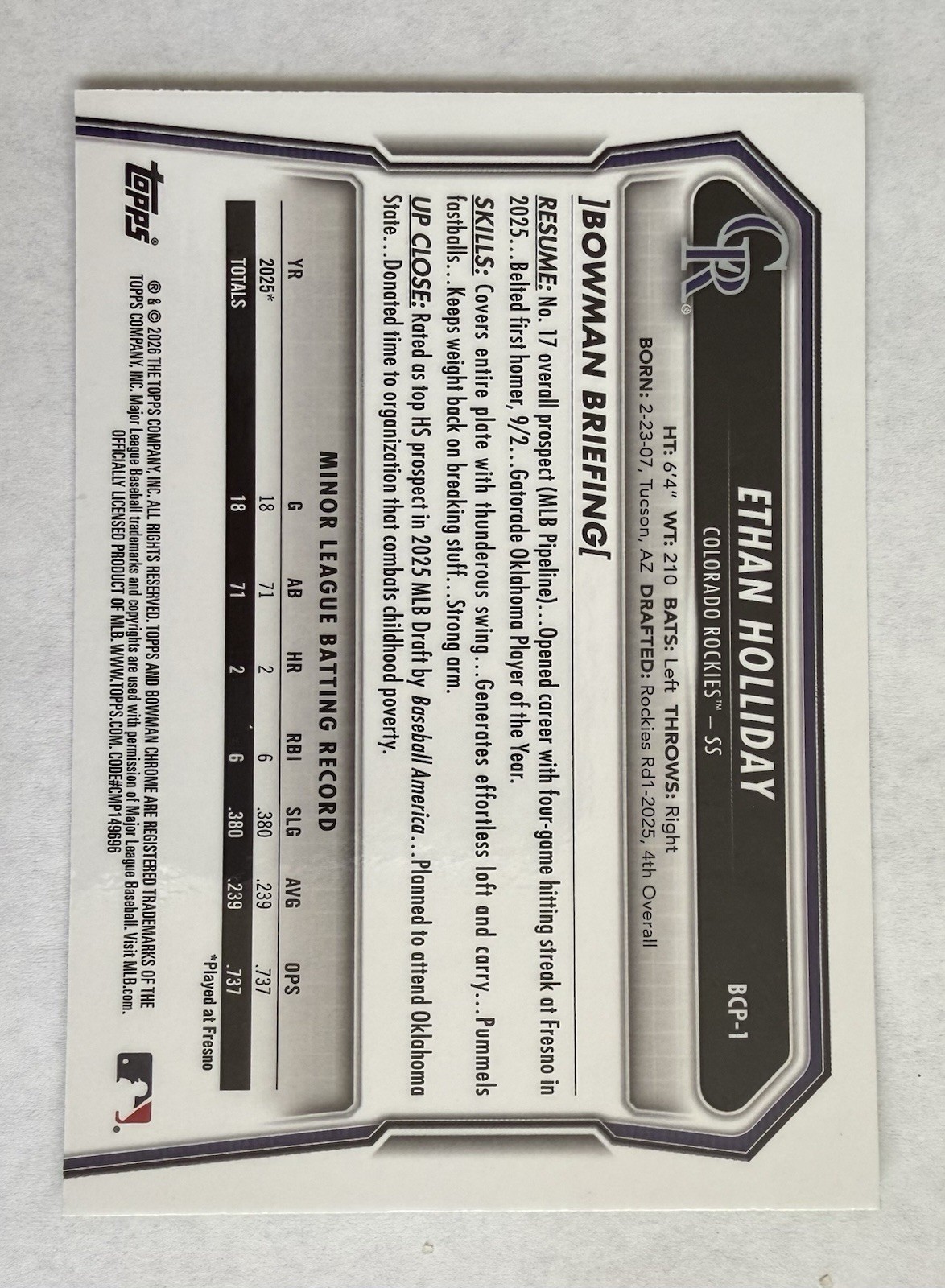 2026 Bowman Chrome 1st Bowman Ethan Holliday Lime Green /399 BCP-1 – Rockies