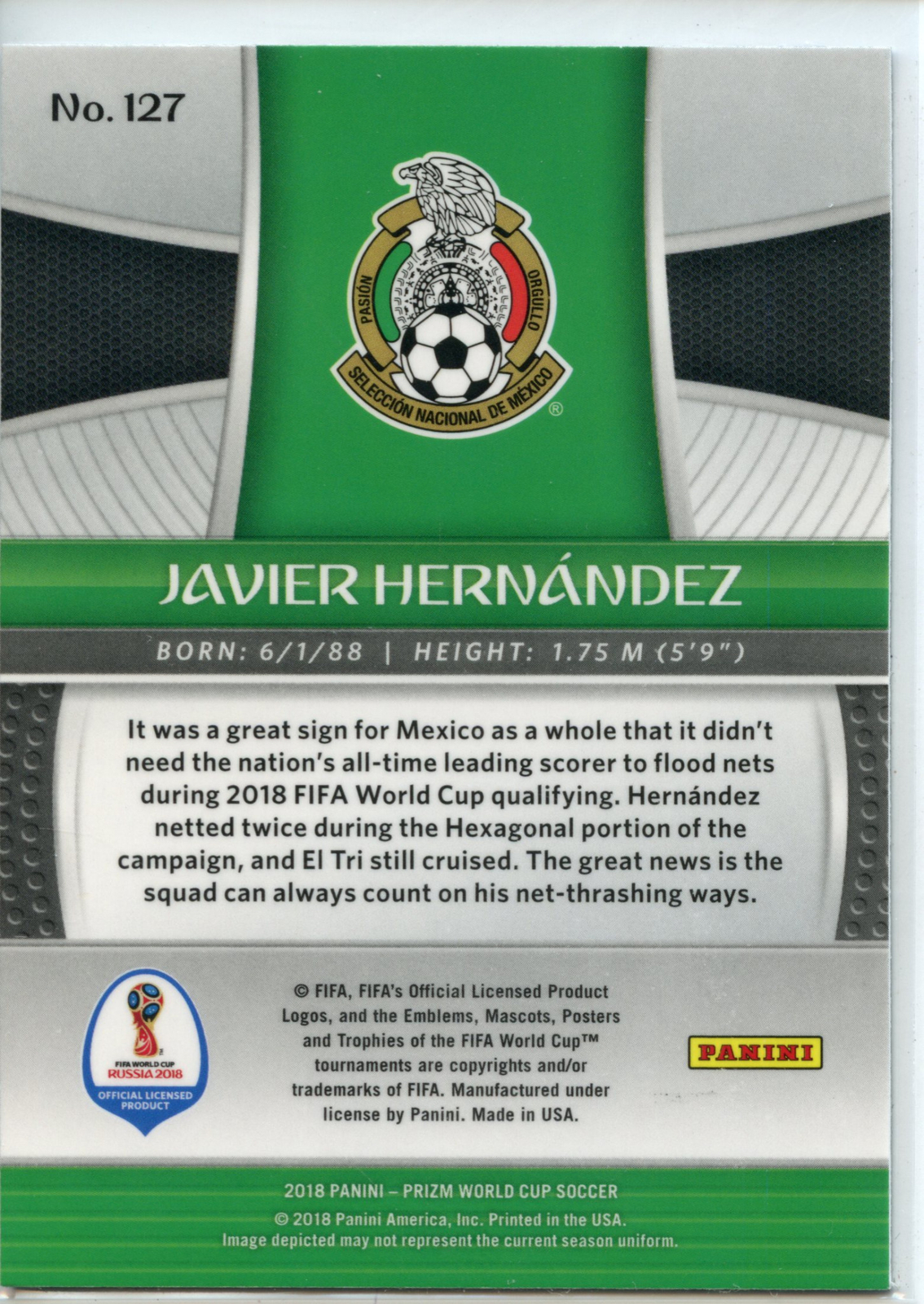 2018 Panini Prizm World Cup Soccer Base #127 Javier Hernandez – Mexico Qty