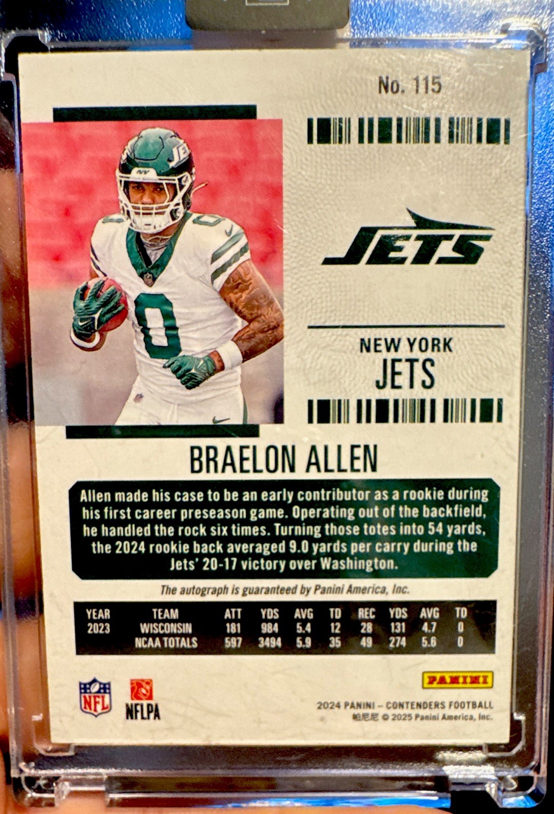 Panini 2024 Contenders Conf Ticket Braelon Allen Auto RC #115 /75 Jets