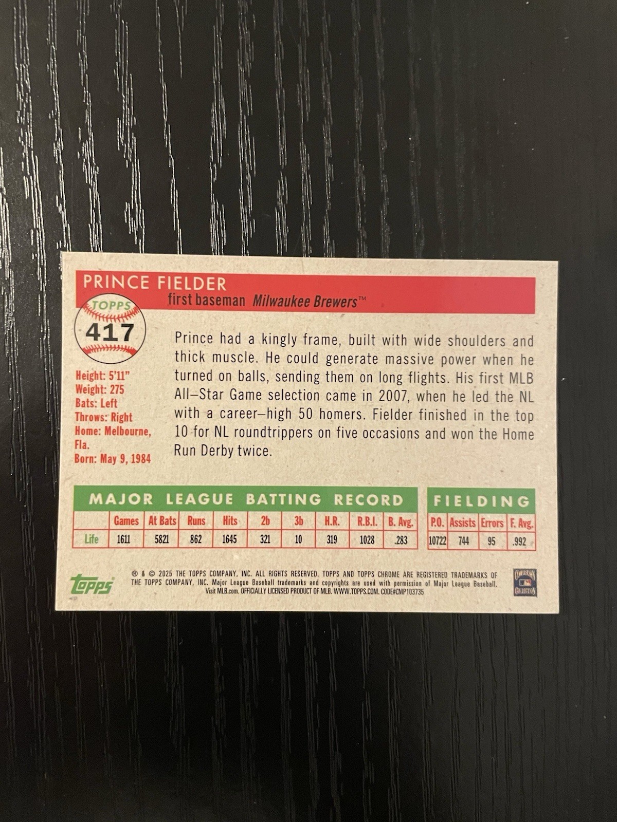 PRINCE FIELDER 2025 Topps Chrome Platinum Gold Toile Refractor /50 #417 Brewers