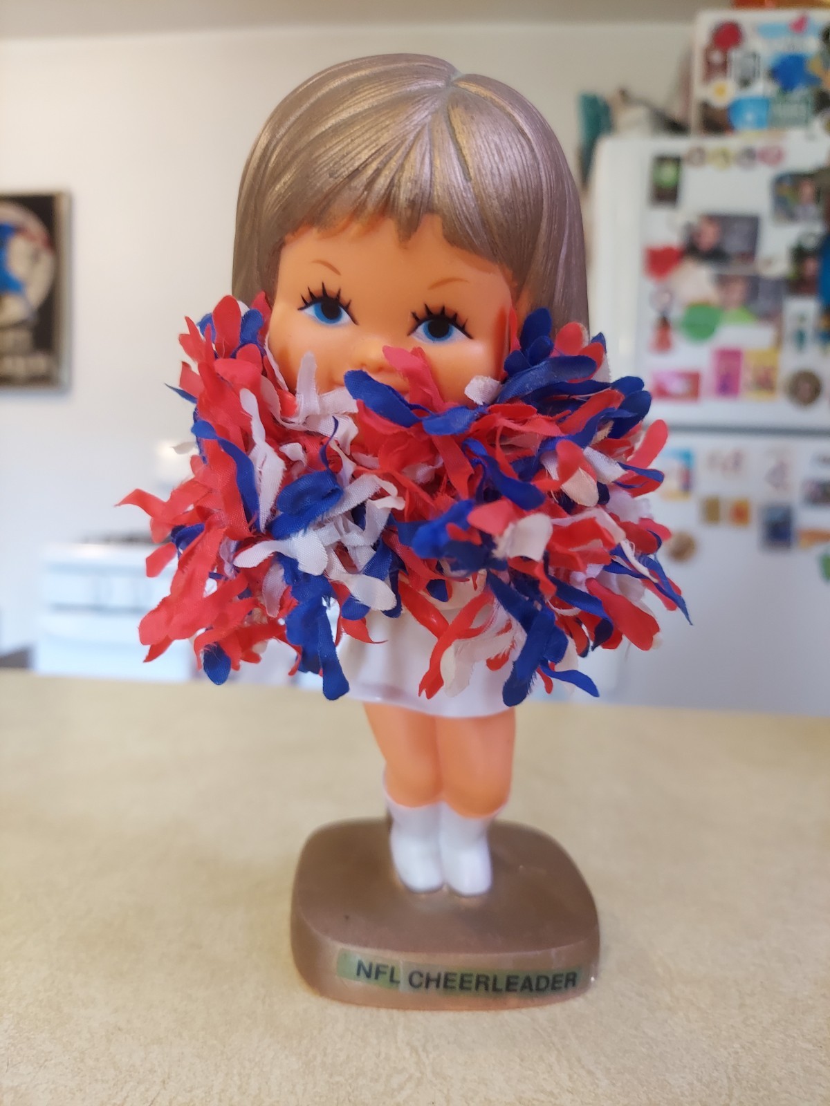 Vtg NFL Cheerleader Bobblehead Figure Made In Hong Kong Red White Blue Pom Poms