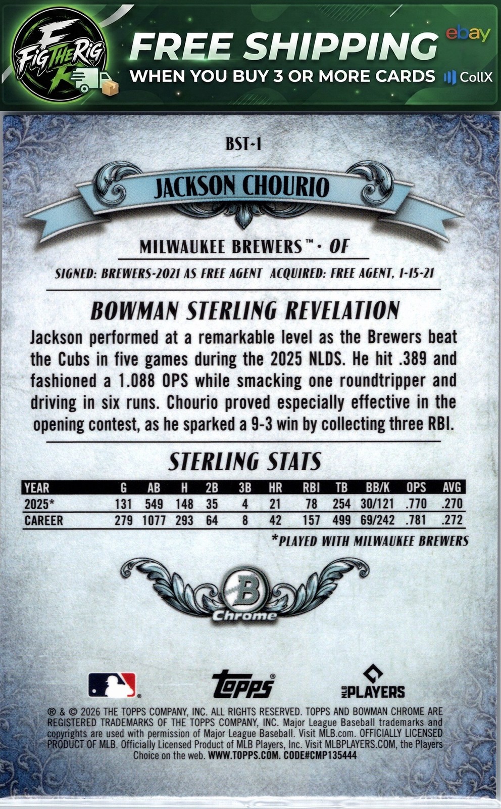 2026 Bowman #BST-1 Jackson Chourio Bowman Sterling