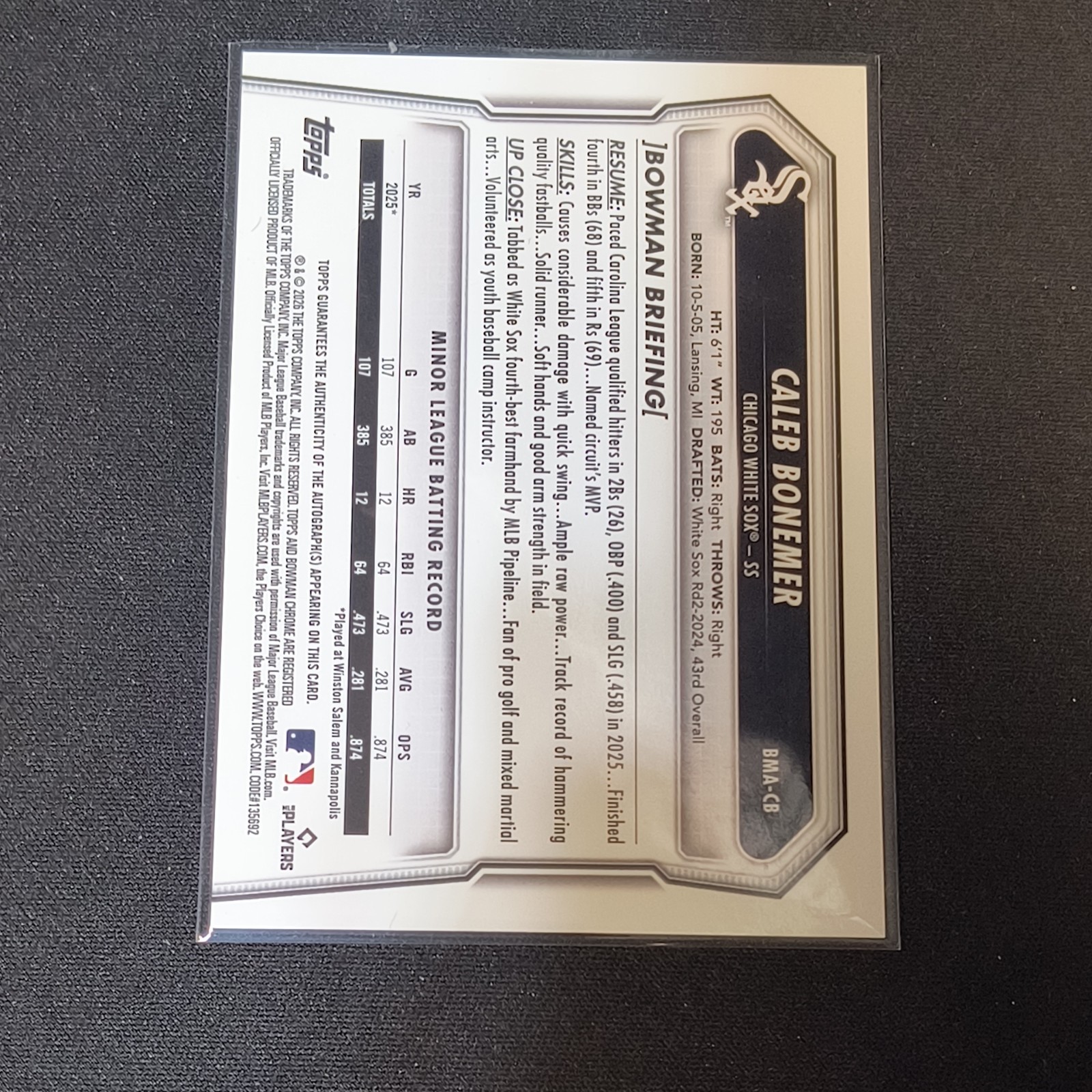 2026 Bowman Chrome Mojo Refractor Auto Caleb Bonemer #BMA-CB White sox