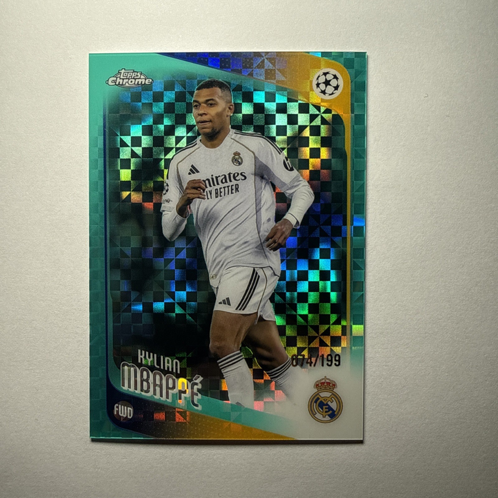 Kylian Mbappe 074/199 Aqua Xfractor 25-26 Topps Chrome UEFA #112 Real Madrid