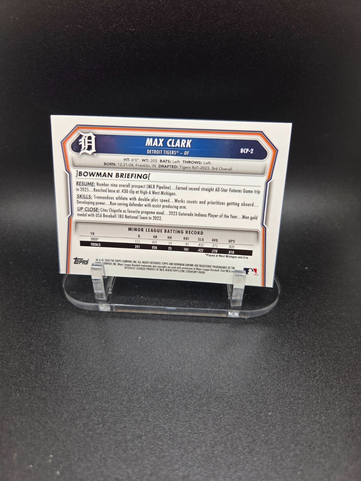 2026 Bowman Chrome Max Clark BCP-2 Fuchsia Mojo Refractor /299 Tigers Prospect
