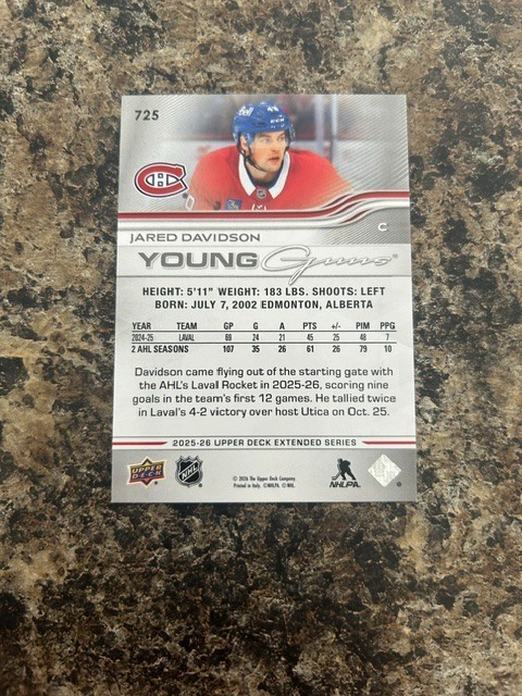 2025-26 Upper Deck Extended Series Young Guns Jared Davidson #725 RC