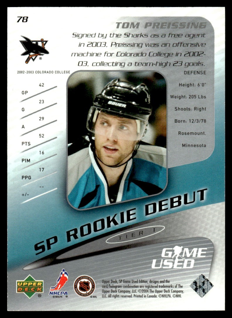 2003-04 SP Game Used Tom Preissing Rookie 351/600 San Jose Sharks #78