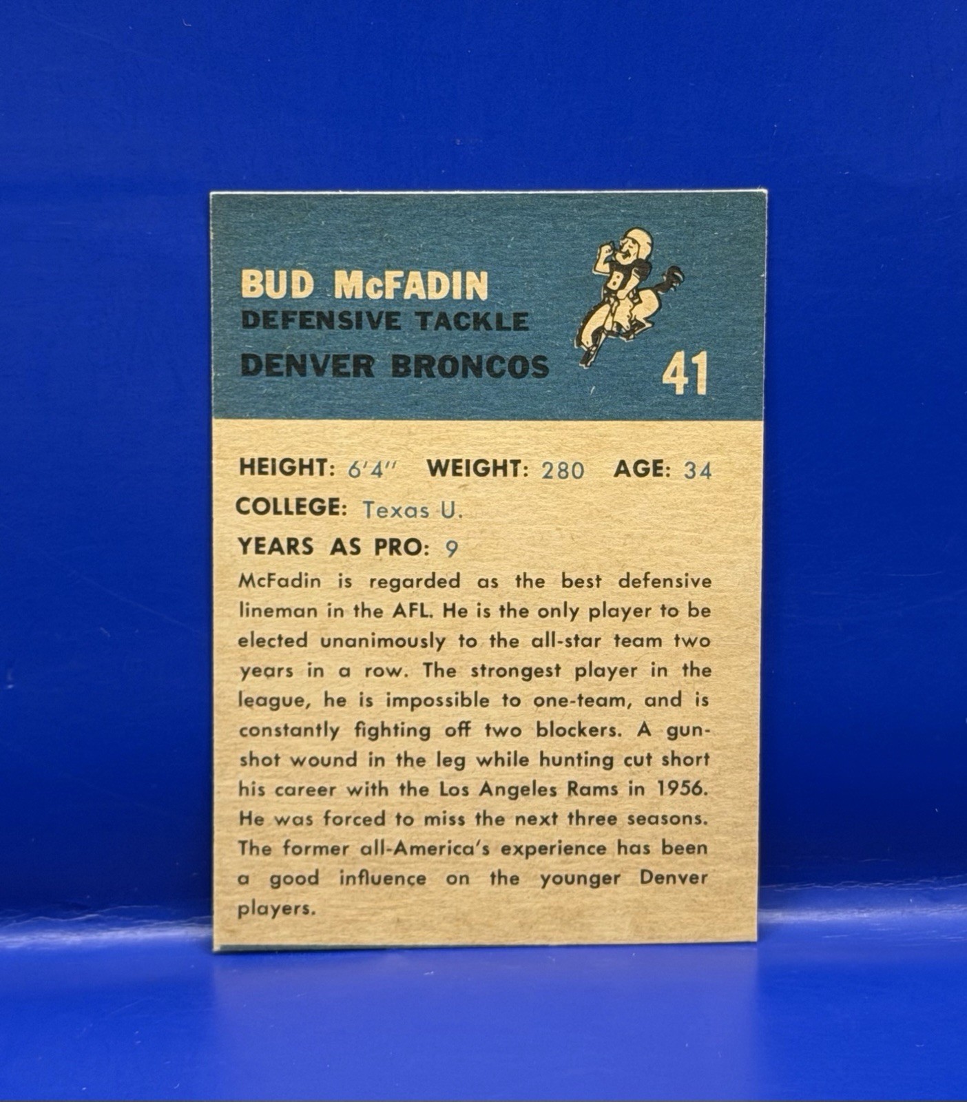 1962 Fleer Football Card #41 Bud McFadin-Denver Broncos