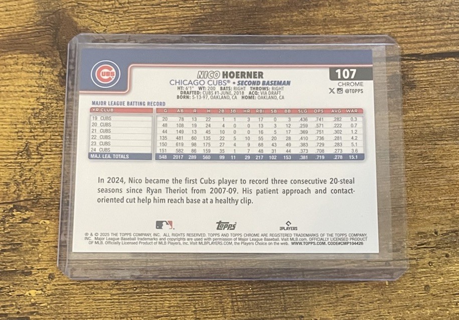 2025 Topps Chrome Logofractor Edition – Nico Hoerner #107 Gold Refractor /50