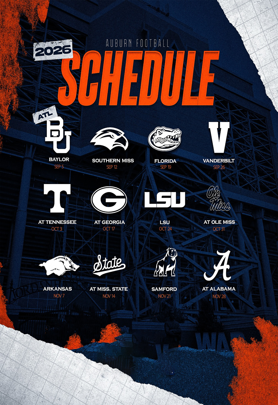 Auburn Tigers 2026 Football Schedule Poster Multiple Sizes Avail. WAR EAGLE!