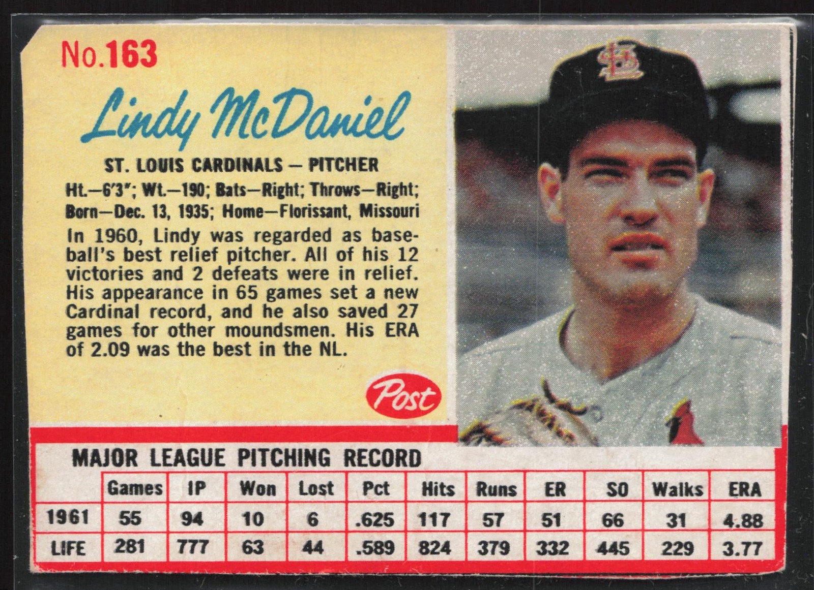 1962 Post Cereal #163 Lindy McDaniel