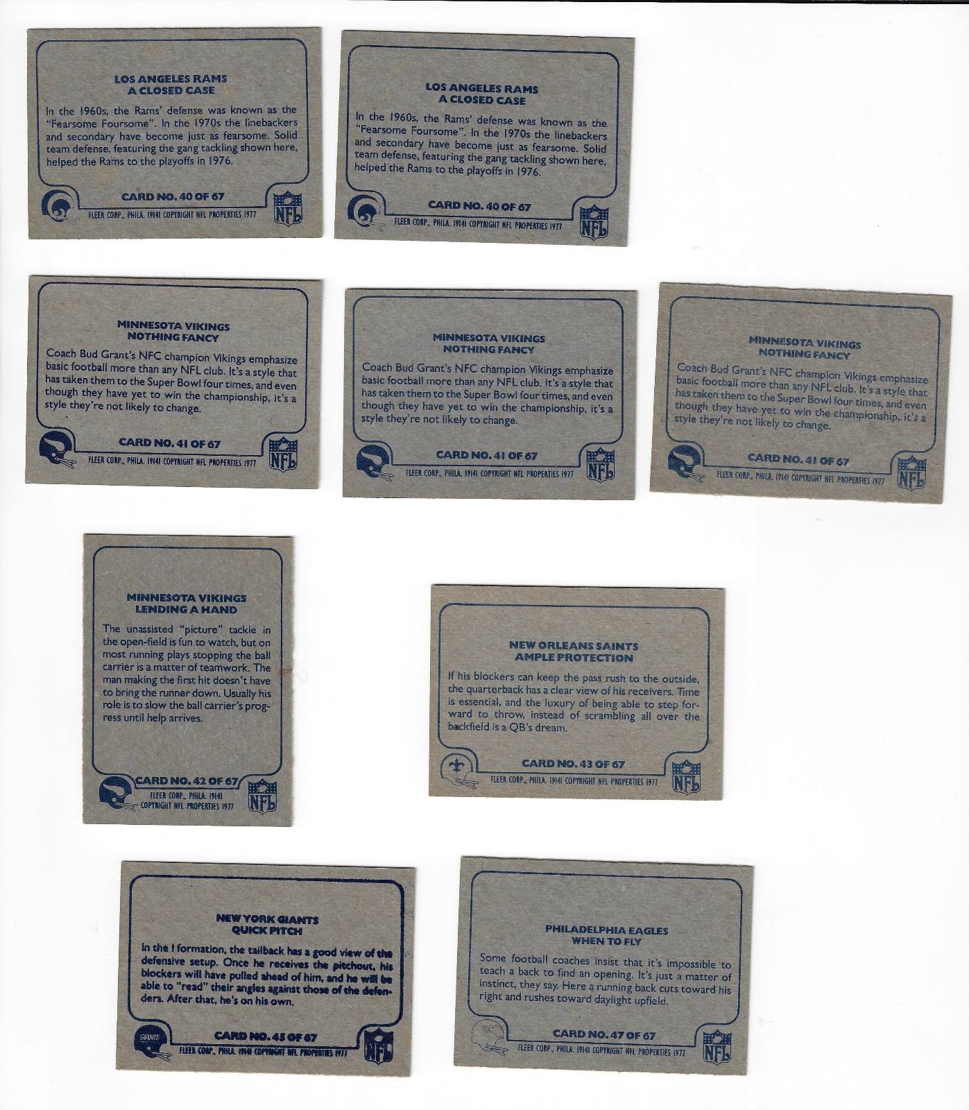 1977 Fleer NFL Team Action Football (1-67) Pick Your Cards, EXCELLENT
