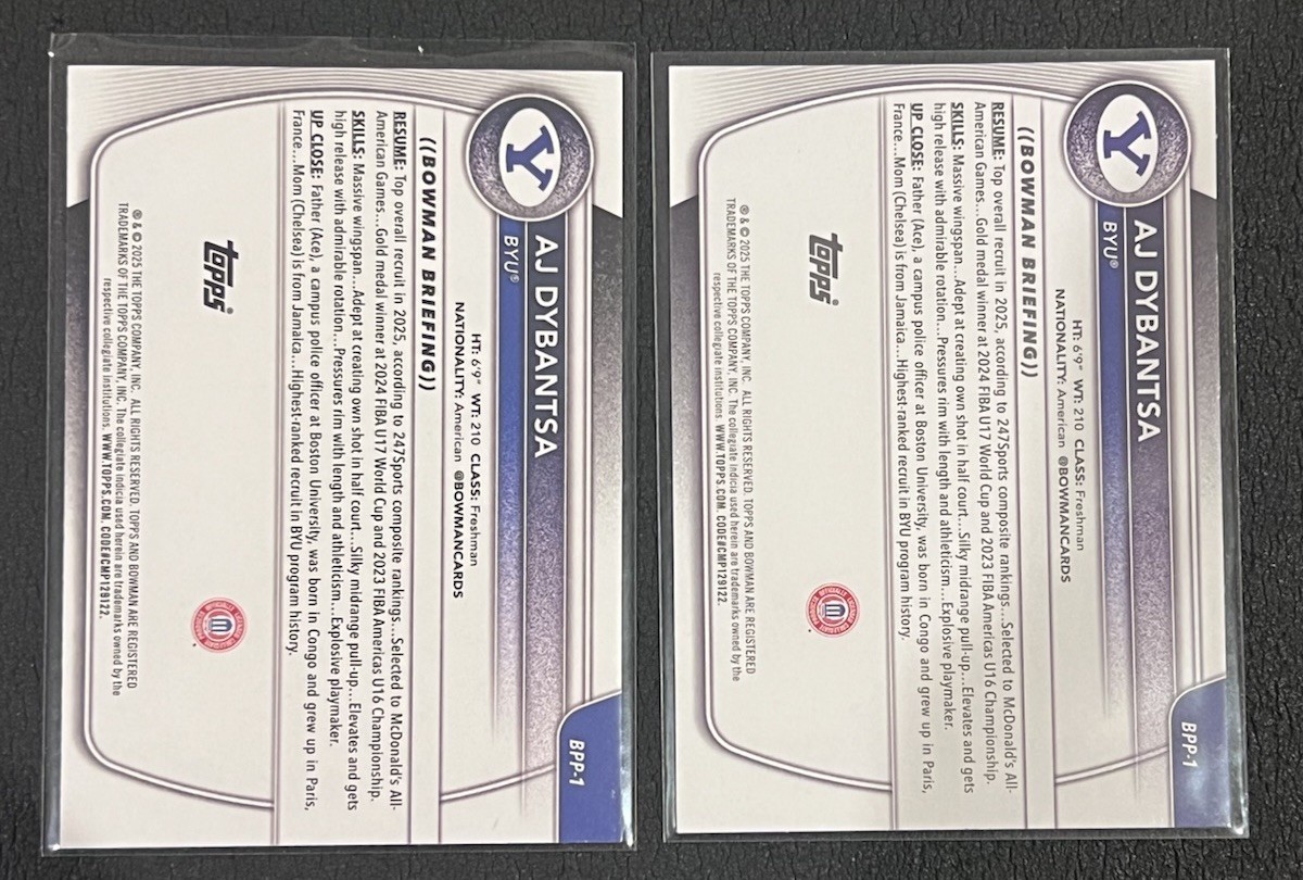 2025-26 Bowman 1st AJ Dybantsa (2x) Paper Base #BPP-1- BYU – QTY !
